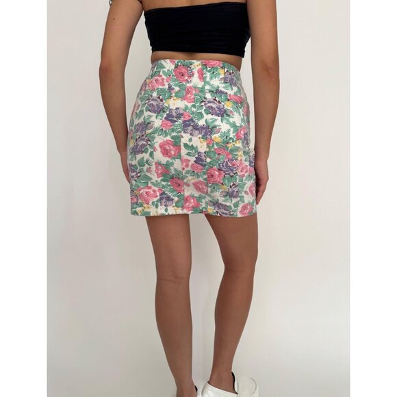90s vintage pastel floral print high waist rise button up denim jean mini skirt - Picture 4 of 9
